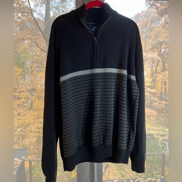 Basic Edition black sweater with dark and light gray stripes. Turtleneck zipper - Picture 2 of 7
